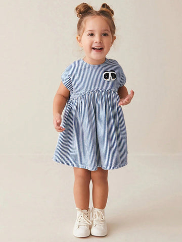 1pc Girls Striped Panda Embroidery Sleeveless Princess Dress, Blue & White, Summer 1pc Girls Striped Panda Embroidery Sleeveless Princess Dress, Blue & White, Summer