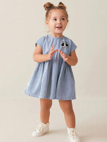 1pc Girls Striped Panda Embroidery Sleeveless Princess Dress, Blue & White, Summer 1pc Girls Striped Panda Embroidery Sleeveless Princess Dress, Blue & White, Summer