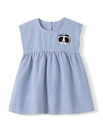 1pc Girls Striped Panda Embroidery Sleeveless Princess Dress, Blue & White, Summer 1pc Girls Striped Panda Embroidery Sleeveless Princess Dress, Blue & White, Summer