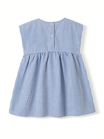 1pc Girls Striped Panda Embroidery Sleeveless Princess Dress, Blue & White, Summer 1pc Girls Striped Panda Embroidery Sleeveless Princess Dress, Blue & White, Summer