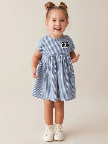 1pc Girls Striped Panda Embroidery Sleeveless Princess Dress, Blue & White, Summer 1pc Girls Striped Panda Embroidery Sleeveless Princess Dress, Blue & White, Summer