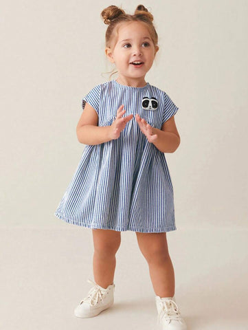 1pc Girls Striped Panda Embroidery Sleeveless Princess Dress, Blue & White, Summer 1pc Girls Striped Panda Embroidery Sleeveless Princess Dress, Blue & White, Summer