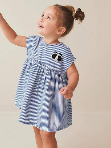 1pc Girls Striped Panda Embroidery Sleeveless Princess Dress, Blue & White, Summer 1pc Girls Striped Panda Embroidery Sleeveless Princess Dress, Blue & White, Summer