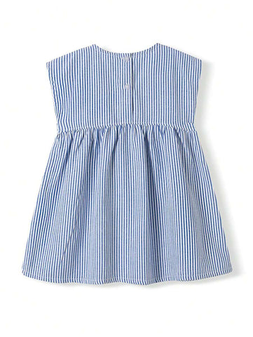 1pc Girls Striped Panda Embroidery Sleeveless Princess Dress, Blue & White, Summer 1pc Girls Striped Panda Embroidery Sleeveless Princess Dress, Blue & White, Summer