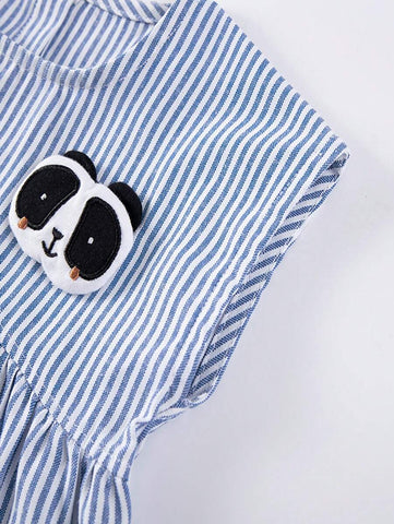 1pc Girls Striped Panda Embroidery Sleeveless Princess Dress, Blue & White, Summer 1pc Girls Striped Panda Embroidery Sleeveless Princess Dress, Blue & White, Summer