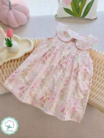 1pc Girls' Style Pink Floral Sleeveless Dress With Collar For Summer 1pc Girls' Style Pink Floral Sleeveless Dress With Collar For Summer