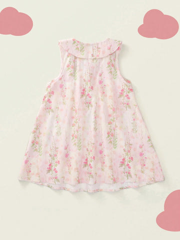 1pc Girls' Style Pink Floral Sleeveless Dress With Collar For Summer 1pc Girls' Style Pink Floral Sleeveless Dress With Collar For Summer