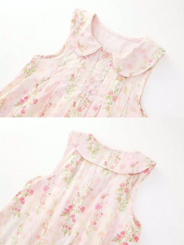 1pc Girls' Style Pink Floral Sleeveless Dress With Collar For Summer 1pc Girls' Style Pink Floral Sleeveless Dress With Collar For Summer