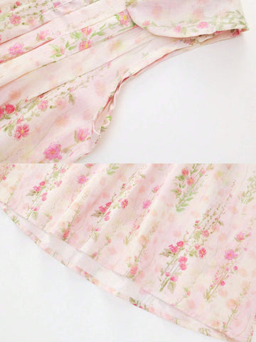 1pc Girls' Style Pink Floral Sleeveless Dress With Collar For Summer 1pc Girls' Style Pink Floral Sleeveless Dress With Collar For Summer