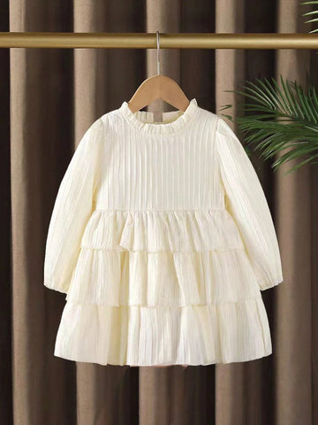 1pc Girls Stylish Ruffle Collar Long Sleeve Chiffon Cake Dress, Autumn 1pc Girls Stylish Ruffle Collar Long Sleeve Chiffon Cake Dress, Autumn