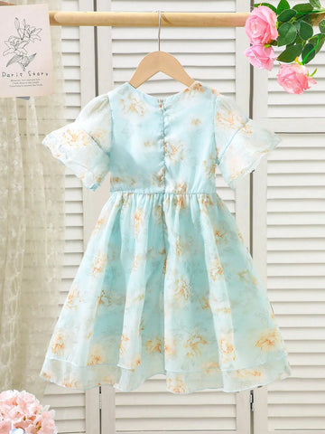 1pc Girls Summer Round Neck Flare Sleeve Ditsy Floral Ruched Waist Organza Long Dress 1pc Girls Summer Round Neck Flare Sleeve Ditsy Floral Ruched Waist Organza Long Dress