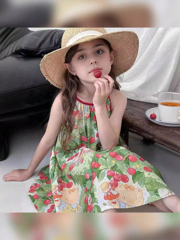 1pc Girls' Sweet Cartoon Printed Sleeveless Strap Dress, Summer 1pc Girls' Sweet Cartoon Printed Sleeveless Strap Dress, Summer