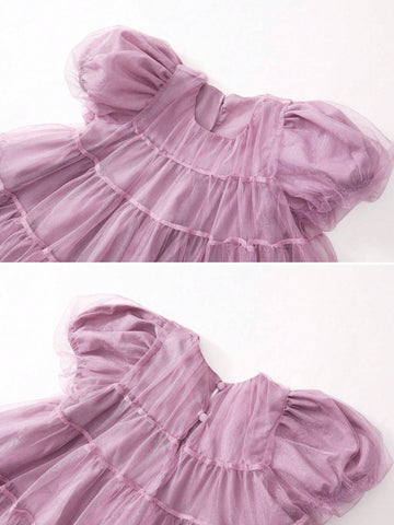 1pc Girls Sweet Luxurious Purple Tulle Puff Sleeve Princess Dress, Summer 1pc Girls Sweet Luxurious Purple Tulle Puff Sleeve Princess Dress, Summer