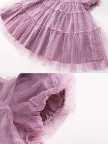 1pc Girls Sweet Luxurious Purple Tulle Puff Sleeve Princess Dress, Summer 1pc Girls Sweet Luxurious Purple Tulle Puff Sleeve Princess Dress, Summer