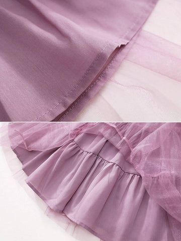 1pc Girls Sweet Luxurious Purple Tulle Puff Sleeve Princess Dress, Summer 1pc Girls Sweet Luxurious Purple Tulle Puff Sleeve Princess Dress, Summer