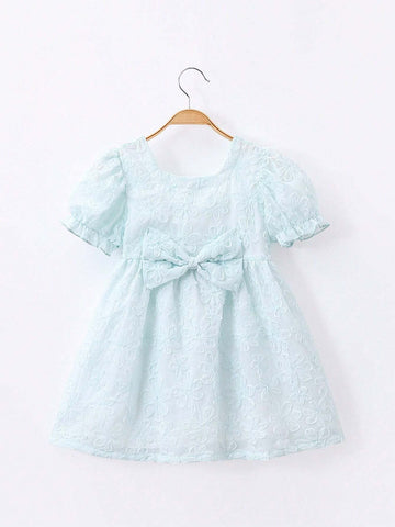 1pc Girls' Sweet Puff Sleeve Dress With 3D Bow Decoration, Mesh Princess Dress For Summer 1pc Girls' Sweet Puff Sleeve Dress With 3D Bow Decoration, Mesh Princess Dress For Summer