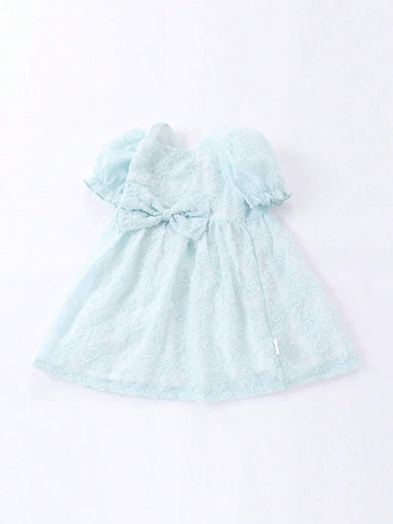 1pc Girls' Sweet Puff Sleeve Dress With 3D Bow Decoration, Mesh Princess Dress For Summer 1pc Girls' Sweet Puff Sleeve Dress With 3D Bow Decoration, Mesh Princess Dress For Summer