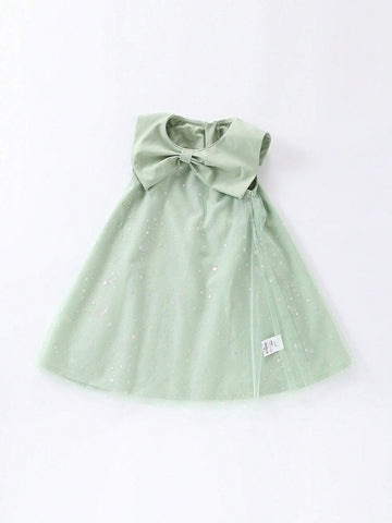 1pc Girls" Sweet Star Printed Sleeveless Dress With 3D Bow Decoration And Mesh Skirt For Summer 1pc Girls" Sweet Star Printed Sleeveless Dress With 3D Bow Decoration And Mesh Skirt For Summer