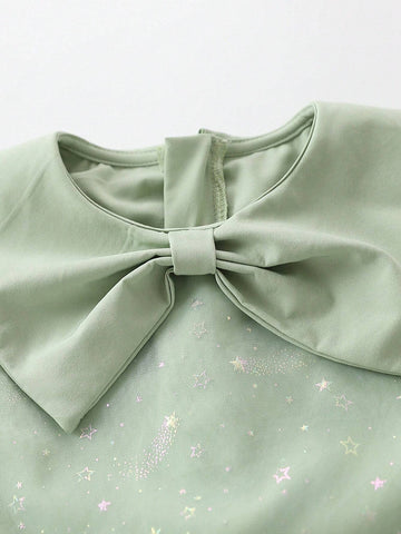 1pc Girls" Sweet Star Printed Sleeveless Dress With 3D Bow Decoration And Mesh Skirt For Summer 1pc Girls" Sweet Star Printed Sleeveless Dress With 3D Bow Decoration And Mesh Skirt For Summer