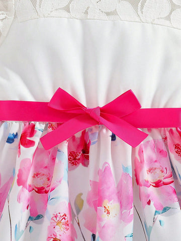 1pc Girls Toddlers "Garden" Lace Trim Ditsy Floral Short Top With White Fabricdress, Casual Vacation Spring/Summer 1pc Girls Toddlers "Garden" Lace Trim Ditsy Floral Short Top With White Fabricdress, Casual Vacation Spring/Summer