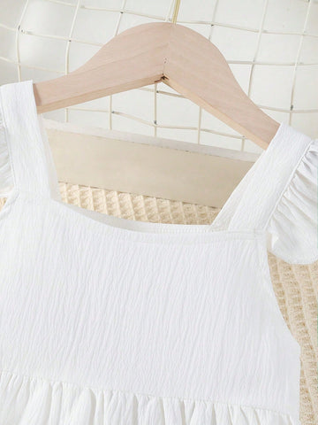 1pc Girls Tricolor Patchwork Flyaway Sleeve Casual Beach Dress, Summer 1pc Girls Tricolor Patchwork Flyaway Sleeve Casual Beach Dress, Summer