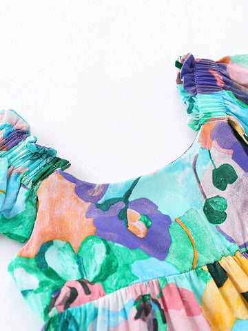 1pc Girls' Vacation Style Printed Cap Sleeve Dress With Floral Pattern For Summer 1pc Girls' Vacation Style Printed Cap Sleeve Dress With Floral Pattern For Summer