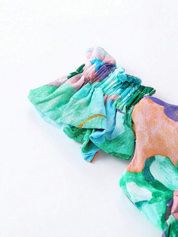 1pc Girls' Vacation Style Printed Cap Sleeve Dress With Floral Pattern For Summer 1pc Girls' Vacation Style Printed Cap Sleeve Dress With Floral Pattern For Summer