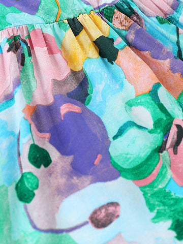 1pc Girls' Vacation Style Printed Cap Sleeve Dress With Floral Pattern For Summer 1pc Girls' Vacation Style Printed Cap Sleeve Dress With Floral Pattern For Summer