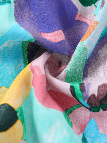 1pc Girls' Vacation Style Printed Cap Sleeve Dress With Floral Pattern For Summer 1pc Girls' Vacation Style Printed Cap Sleeve Dress With Floral Pattern For Summer