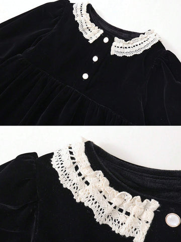 1pc Girls Velvet Dress With Lace Trim Collar, Warm Lining, Suitable For Autumn/Winter 1pc Girls Velvet Dress With Lace Trim Collar, Warm Lining, Suitable For Autumn/Winter