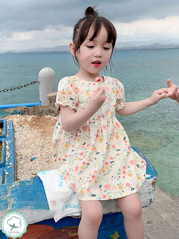 1pc Girls' Vintage Floral Princess Dress, Summer 1pc Girls' Vintage Floral Princess Dress, Summer