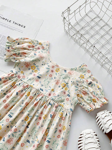 1pc Girls' Vintage Floral Princess Dress, Summer 1pc Girls' Vintage Floral Princess Dress, Summer