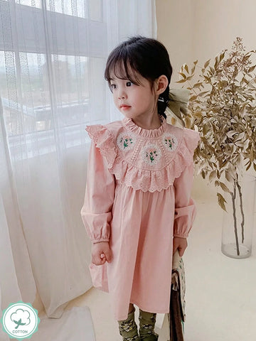 1pc Girls' Vintage French Style Embroidered Flower Ruffle Hem Pink Long Sleeve Dress, Spring 1pc Girls' Vintage French Style Embroidered Flower Ruffle Hem Pink Long Sleeve Dress, Spring