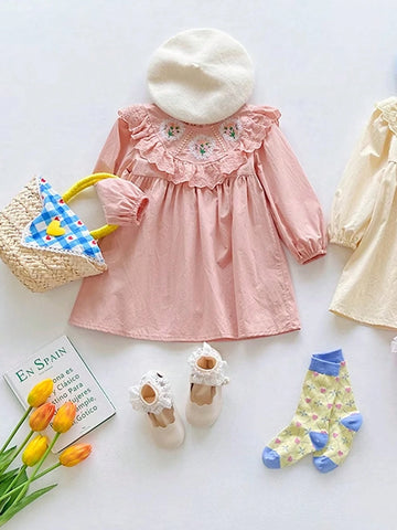 1pc Girls' Vintage French Style Embroidered Flower Ruffle Hem Pink Long Sleeve Dress, Spring 1pc Girls' Vintage French Style Embroidered Flower Ruffle Hem Pink Long Sleeve Dress, Spring
