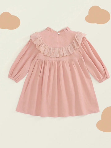 1pc Girls' Vintage French Style Embroidered Flower Ruffle Hem Pink Long Sleeve Dress, Spring 1pc Girls' Vintage French Style Embroidered Flower Ruffle Hem Pink Long Sleeve Dress, Spring