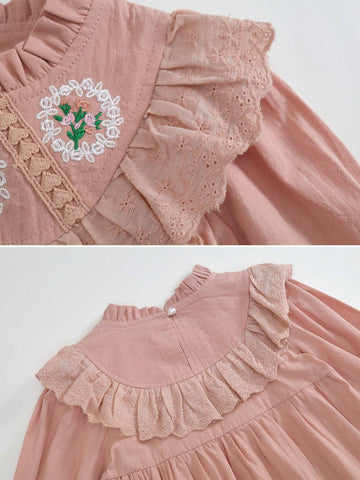 1pc Girls' Vintage French Style Embroidered Flower Ruffle Hem Pink Long Sleeve Dress, Spring 1pc Girls' Vintage French Style Embroidered Flower Ruffle Hem Pink Long Sleeve Dress, Spring