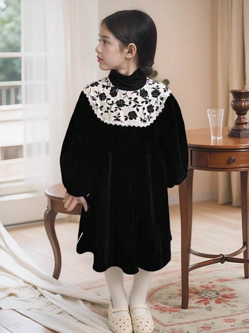 1pc Girls' Vintage Lace Trim Puff Sleeve Floral Collar Dress, Autumn/Winter 1pc Girls' Vintage Lace Trim Puff Sleeve Floral Collar Dress, Autumn/Winter