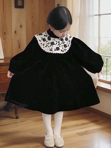 1pc Girls' Vintage Lace Trim Puff Sleeve Floral Collar Dress, Autumn/Winter 1pc Girls' Vintage Lace Trim Puff Sleeve Floral Collar Dress, Autumn/Winter