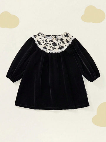 1pc Girls' Vintage Lace Trim Puff Sleeve Floral Collar Dress, Autumn/Winter 1pc Girls' Vintage Lace Trim Puff Sleeve Floral Collar Dress, Autumn/Winter