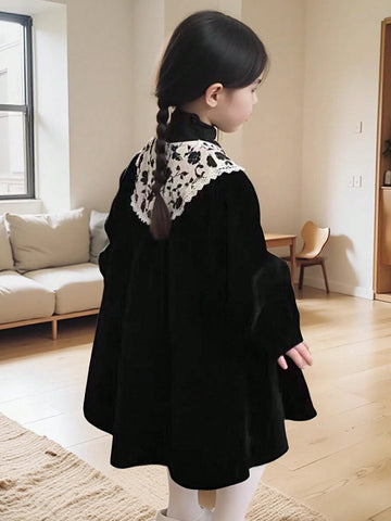 1pc Girls' Vintage Lace Trim Puff Sleeve Floral Collar Dress, Autumn/Winter 1pc Girls' Vintage Lace Trim Puff Sleeve Floral Collar Dress, Autumn/Winter