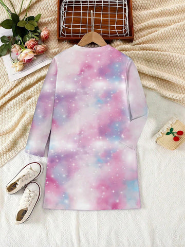1pc Girls Young Girl Cute Casual Colorful Cartoon Unicorn & Heart Graphic Print Long Sleeve Dress, Everyday Wear 1pc Girls Young Girl Cute Casual Colorful Cartoon Unicorn & Heart Graphic Print Long Sleeve Dress, Everyday Wear