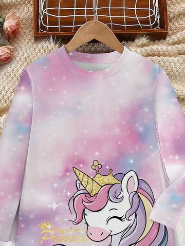 1pc Girls Young Girl Cute Casual Colorful Cartoon Unicorn & Heart Graphic Print Long Sleeve Dress, Everyday Wear 1pc Girls Young Girl Cute Casual Colorful Cartoon Unicorn & Heart Graphic Print Long Sleeve Dress, Everyday Wear