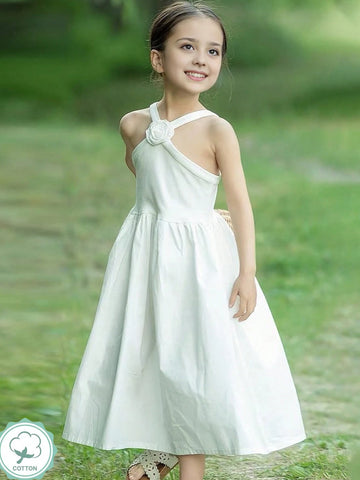 1pc Little Girls' French Style White Spaghetti Strap Sleeveless Dress, Summer 1pc Little Girls' French Style White Spaghetti Strap Sleeveless Dress, Summer