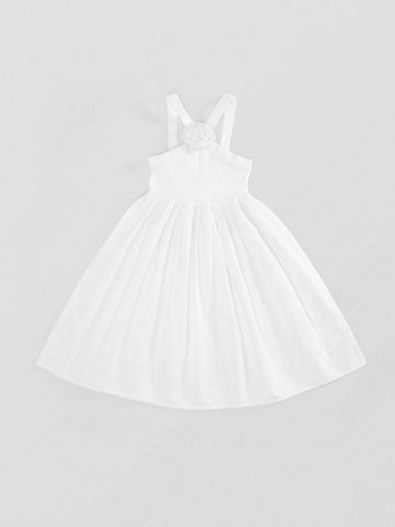 1pc Little Girls' French Style White Spaghetti Strap Sleeveless Dress, Summer 1pc Little Girls' French Style White Spaghetti Strap Sleeveless Dress, Summer