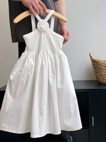 1pc Little Girls' French Style White Spaghetti Strap Sleeveless Dress, Summer 1pc Little Girls' French Style White Spaghetti Strap Sleeveless Dress, Summer