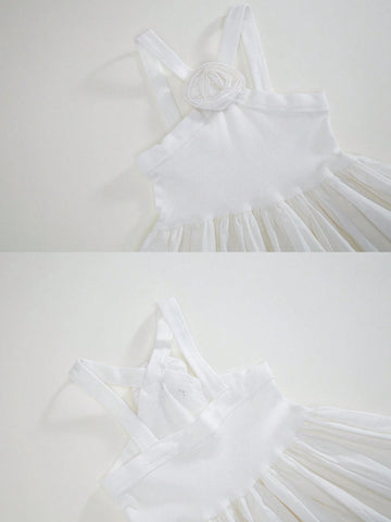 1pc Little Girls' French Style White Spaghetti Strap Sleeveless Dress, Summer 1pc Little Girls' French Style White Spaghetti Strap Sleeveless Dress, Summer