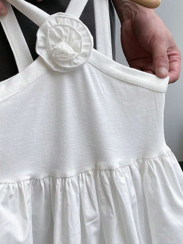1pc Little Girls' French Style White Spaghetti Strap Sleeveless Dress, Summer 1pc Little Girls' French Style White Spaghetti Strap Sleeveless Dress, Summer