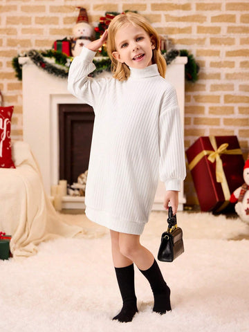 1pc Little Girls Oversized Turtleneck Lantern Sleeve Ribbed Knit Casual Mini Dress, Winter 1pc Little Girls Oversized Turtleneck Lantern Sleeve Ribbed Knit Casual Mini Dress, Winter