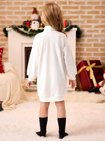 1pc Little Girls Oversized Turtleneck Lantern Sleeve Ribbed Knit Casual Mini Dress, Winter 1pc Little Girls Oversized Turtleneck Lantern Sleeve Ribbed Knit Casual Mini Dress, Winter