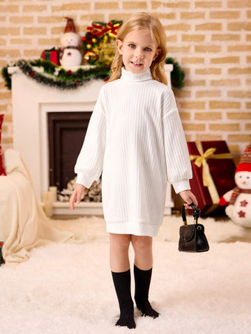 1pc Little Girls Oversized Turtleneck Lantern Sleeve Ribbed Knit Casual Mini Dress, Winter 1pc Little Girls Oversized Turtleneck Lantern Sleeve Ribbed Knit Casual Mini Dress, Winter